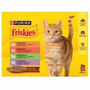 Friskies 12x85g nedves macskaeledel válogatás szószban- Csirkével ,Marhával, Báránnyal és Kacsával