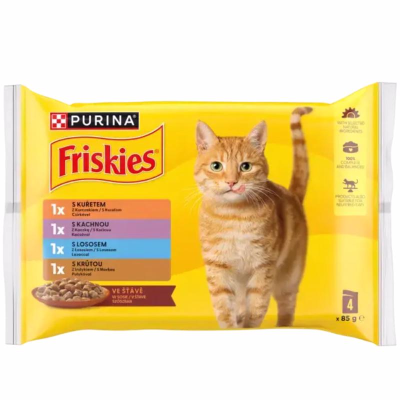 Friskies 4x85g nedves macskaeledel válogatás szószban- Csirkével, Kacsával, Lazaccal és Pulykával