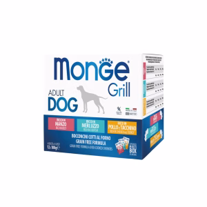 Monge Dog Grill Marha, Tőkehal, Csirke és Pulyka nedveseledel kutyáknak 12x100g
