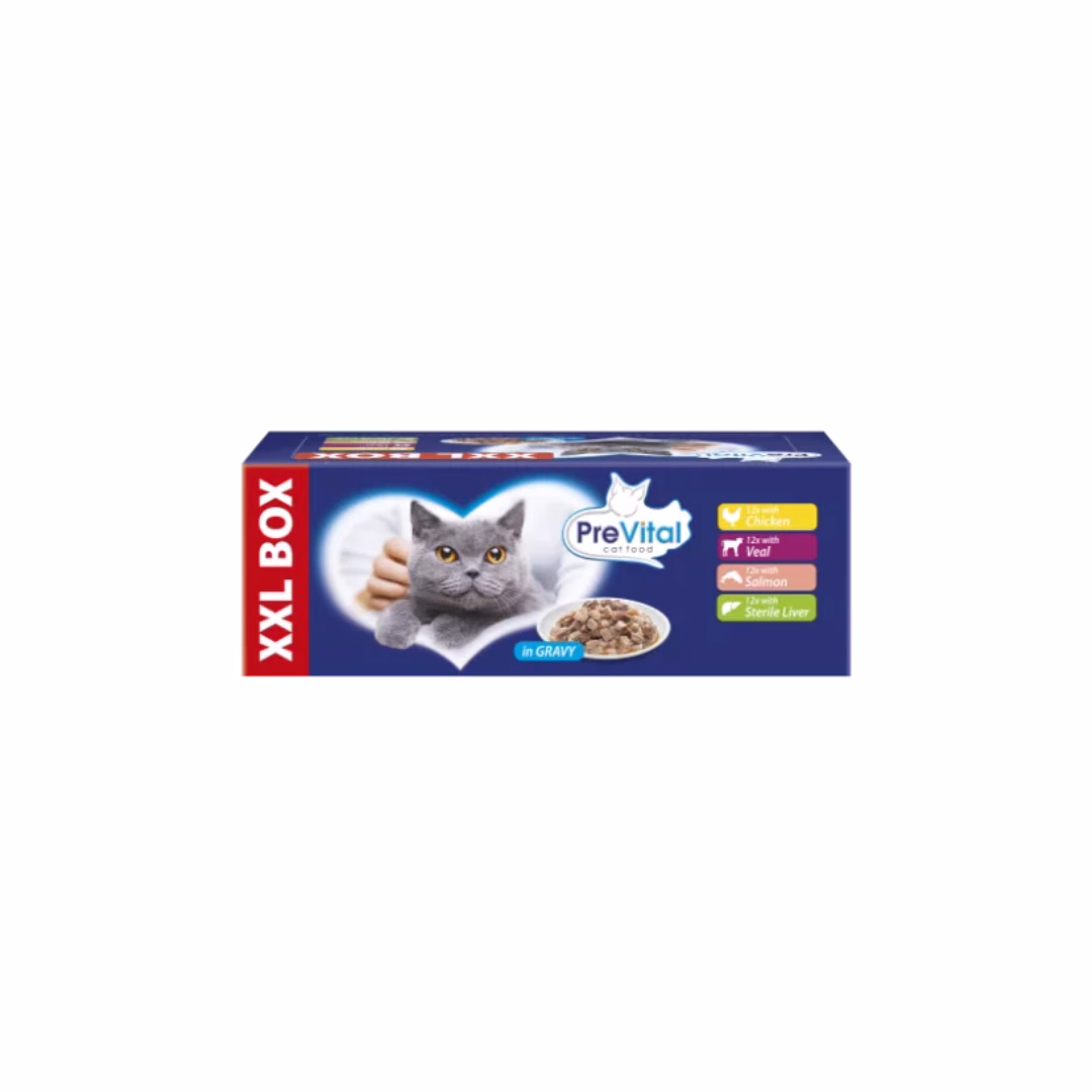 Prevital XXL Box alutasakos macskaeledel Csirke, borjú, lazac és máj ízesítéssel 48x100g