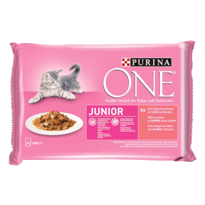 PURINA ONE Junior Mini Filé szószban, Lazaccal és sárgarépával 4x85g