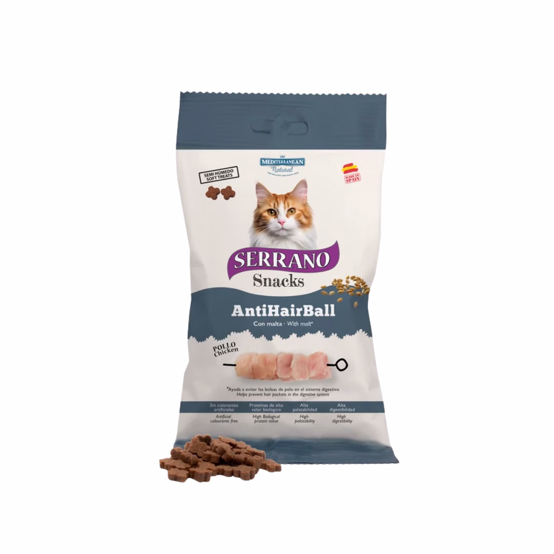 Serrano Anti Hairball szőrlabda ellen csirkés jutalomfalat macskáknak 50g